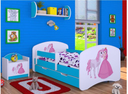 Detská posteľ so zásuvkou 180x90cm PRINCEZNA A KONÍK - modrá