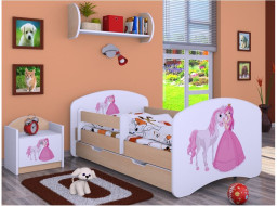 Detská posteľ so zásuvkou 160x80cm PRINCEZNA A KONÍK - svetlá hruška