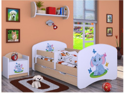 Detská posteľ so zásuvkou 160x80cm SLON A MOTÝLCI - svetlá hruška