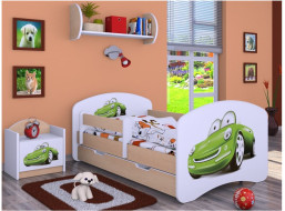 Detská posteľ so zásuvkou 160x80cm ZELENÉ AUTO - svetlá hruška