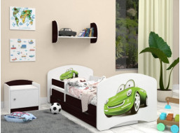 Detská posteľ so zásuvkou 180x90cm ZELENÉ AUTO - gaštan wenge
