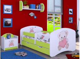 Detská posteľ so zásuvkou 180x90cm MACKO so srdiečkami - zelená