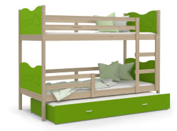 Detská poschodová posteľ s prístelkou MAX Q - 200x90 cm - zelená / borovica - vláčik