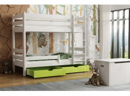 Detská poschodová posteľ z masívu GABI - 160x80 cm - biela so zelenými šuplíkmi + MATRACE