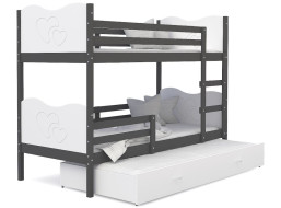 Detská poschodová posteľ s prístelkou MAX Q - 190x80 cm - bielo-sivá - srdiečka