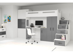 Detská vyvýšená posteľ s písacím stolom a skriňou MAXÍK 4 bielo-šedá - 200x80 cm + matrac ZADARMO