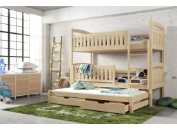 Detská poschodová posteľ z masívu BOHDANA s prístelkou a šuplíky - 200x90 cm - PRÍRODNÁ BOROVICA