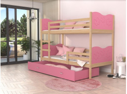 Detská poschodová posteľ so zásuvkou MAX R - 200x90 cm - ružová / borovica - motýle