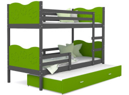 Detská poschodová posteľ s prístelkou MAX Q - 200x90 cm - zeleno-šedá - motýle