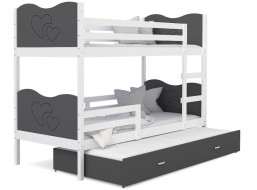 Detská poschodová posteľ s prístelkou MAX Q - 200x90 cm - šedo-biela - srdiečka