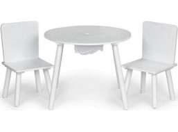 ECOTOYS Detský okrúhly drevený stôl s dvoma stoličkami biely