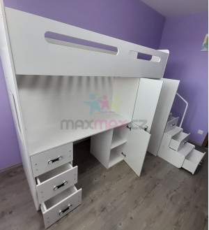 Detská vyvýšená posteľ s písacím stolom a skriňou MAXÍK 4 biela - 200x80 cm + matrac ZADARMO