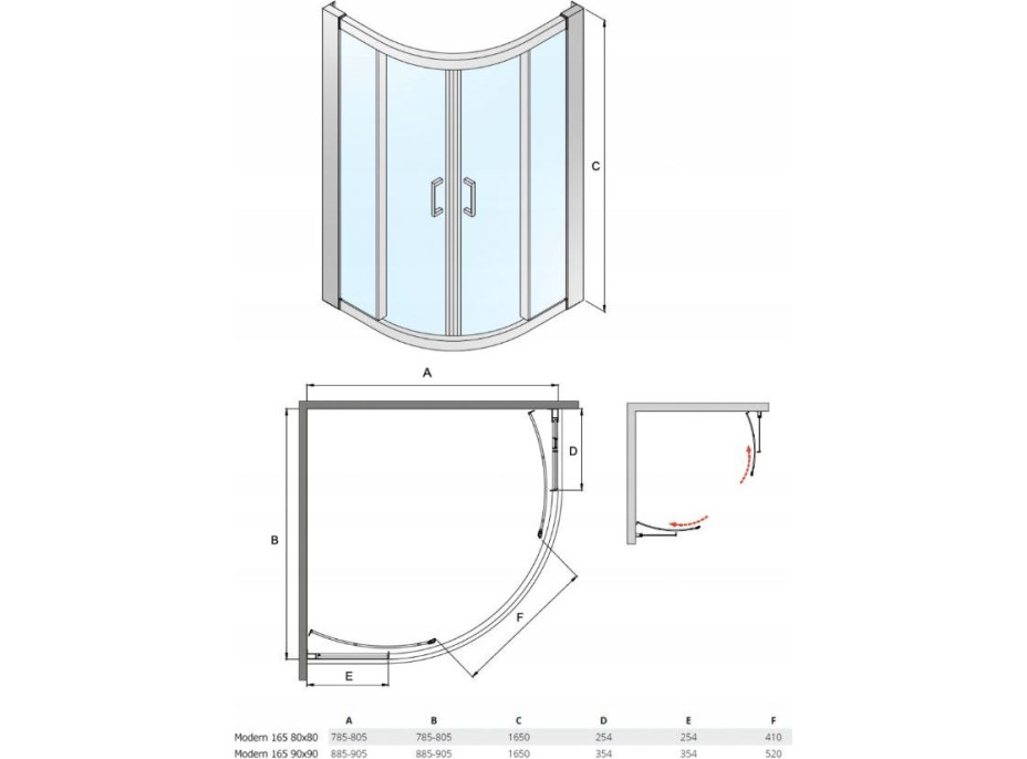 Štvrťkruhový sprchovací kút MODERN 165
