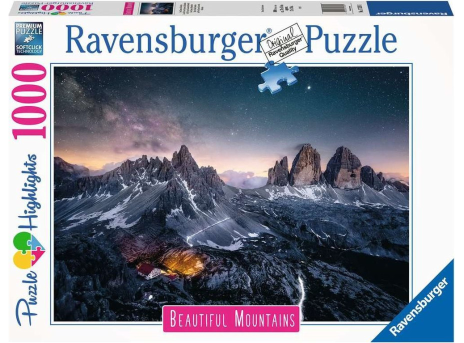 RAVENSBURGER Puzzle Dych vyrážajúce hory: Tre Cime, Dolomity, Taliansko 1000 dielikov