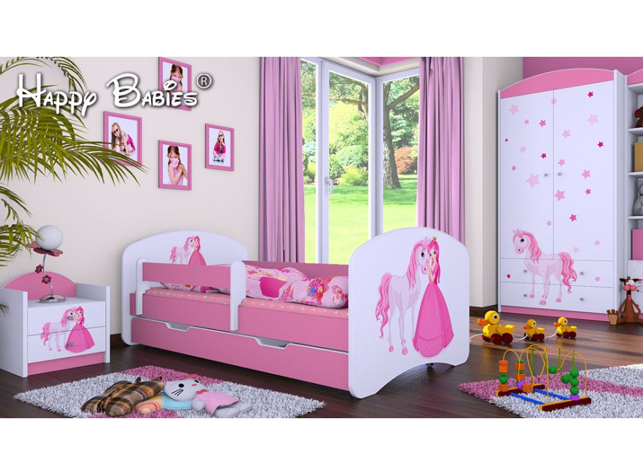 Detská posteľ so zásuvkou 180x90cm PRINCEZNA A KONÍK - ružová