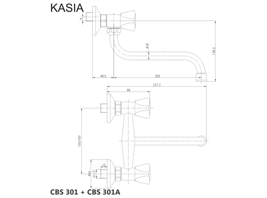 Drezová nástenná batéria, Kasia, 150 mm, s ramienkom rúrkovým ø 18 mm - 200 mm, chróm