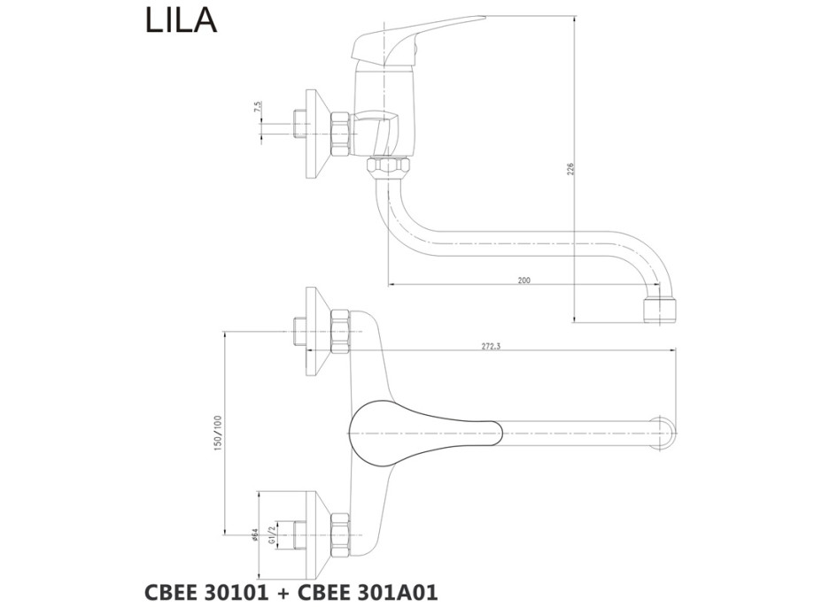 Drezová nástenná batéria, Lila, 100 mm, s ramienkom rúrkovým ø 18 mm - 200 mm, chróm
