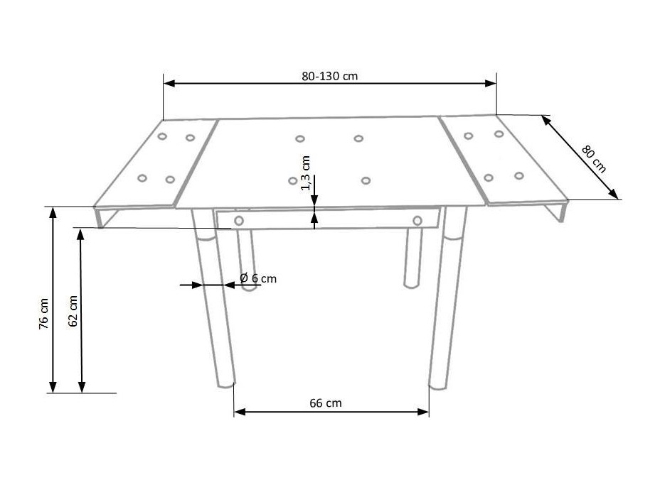 Jedálenský stôl KEN 80(130)x80x76 cm - rozkladací - sklo/čierny