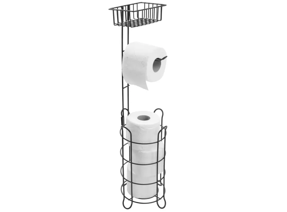 Držiak toaletného papiera so zásobníkom a košíkom - stojaci - na 4 role - čierny