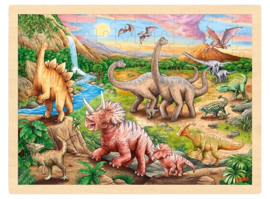 GOKI Drevené puzzle Dinosaurie chodník 96 dielikov