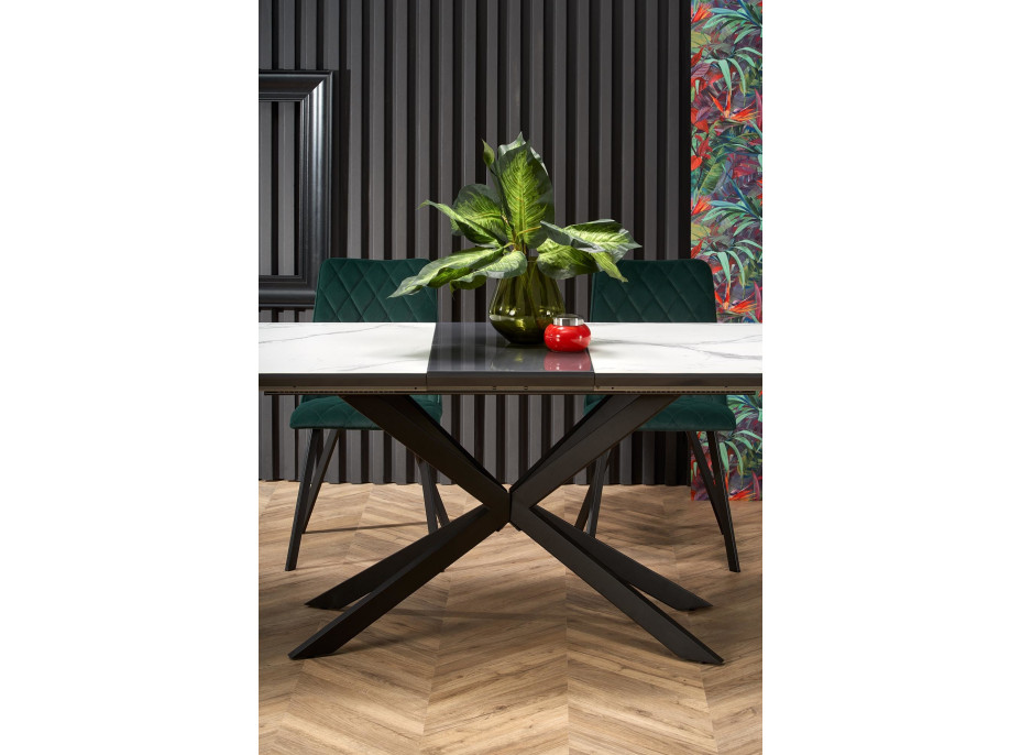 Jedálenský stôl JAMIE - 160(200)x90x76 cm - rozkladací - biely mramor/čierny
