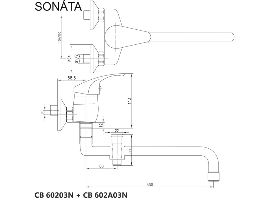 Nástenná batéria do bytového jadra SONÁTA - ramienko 33 cm - chrómová