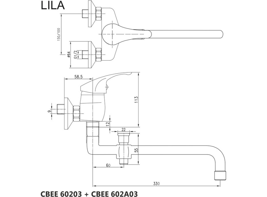 Nástenná batéria do bytového jadra LILA - ramienko 33 cm - chrómová