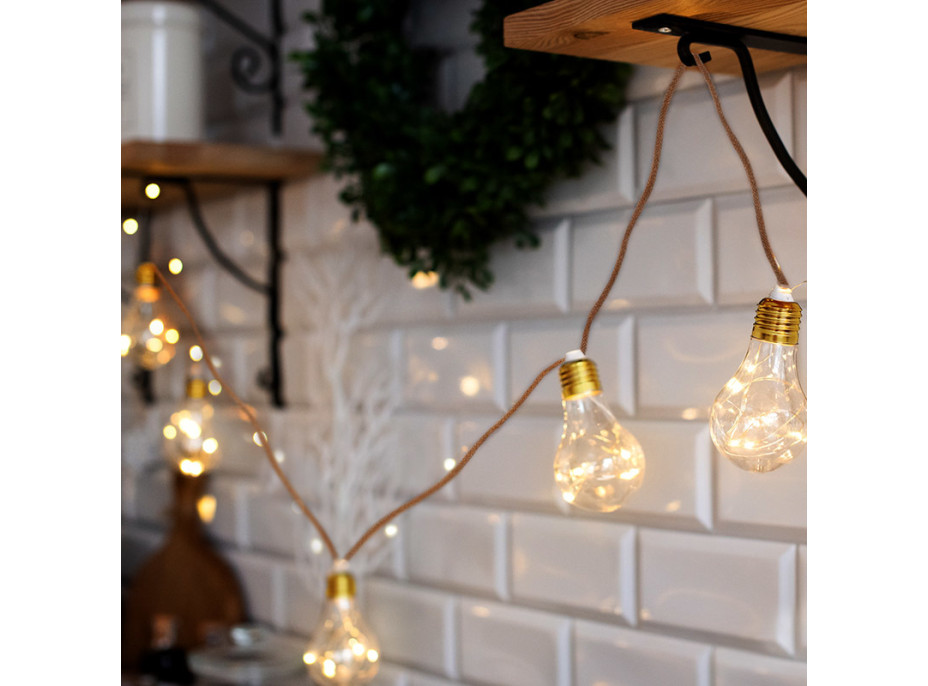 LED dekoratívne žiarovky na prírodnom povraze, 10x žiarovka, 30LED, 180cm, časovač 3x AA
