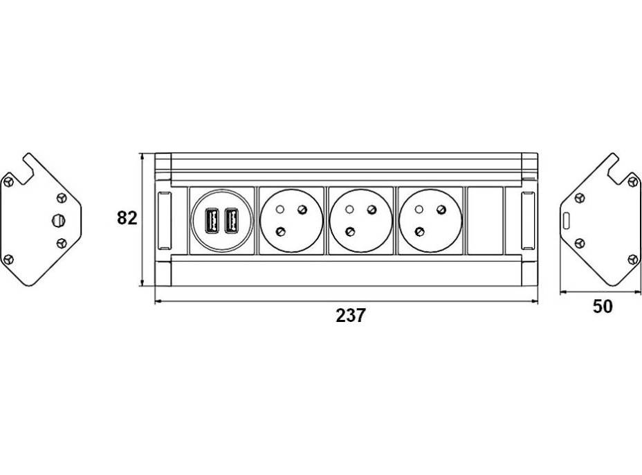 Predlžovací prívod, 3 zásuvky + 2X USB, 1,5 m, 3 x 1mm2, hliník, rohový design