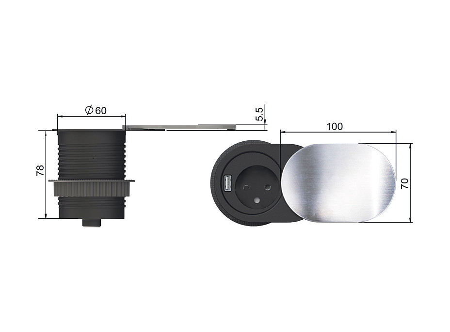 1x vstavaná zásuvka + 1x USB s posuvným viečkom, dĺžka 1,9 m, USB 2400mA