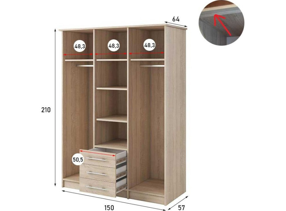 Šatníková skriňa SENECA 150 - dub sonoma