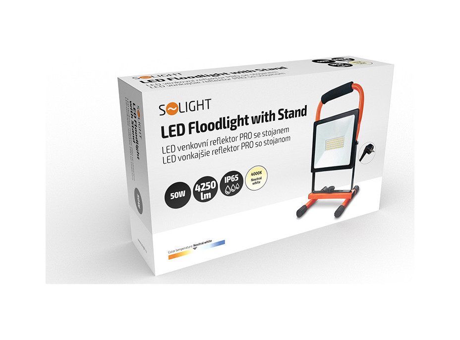 LED reflektor PRO so sklopným stojanom, 50W, 4250lm, 4000K, kábel so zástrčkou, IP65