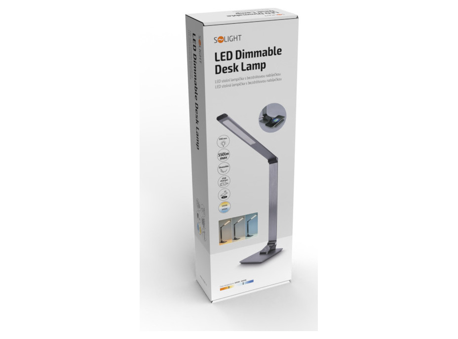 LED stolná lampička stmievateľná, 10W, indukčné nabíjanie, hliník, šedá