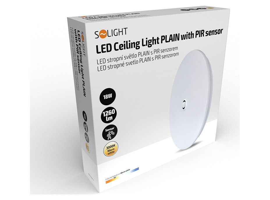 LED stropné svetlo PLAIN s PIR sensorom, 18W, 1260lm, 3000K, okrúhle, 33cm