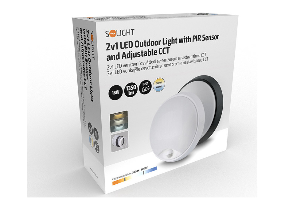 LED vonkajšie osvetlenie so senzorom a nastaviteľnou CCT, 18W, 1350lm, 22cm, 2v1 - biely a čierny kryt