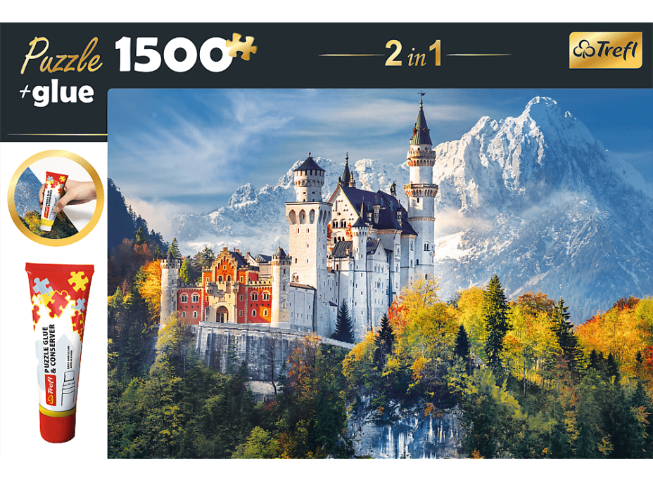 TREFL Sada 2v1 puzzle Zámok Neuschwanstein na jeseň 1500 dielikov s lepidlom