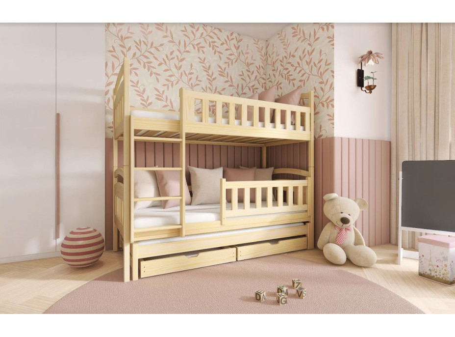 Detská poschodová posteľ z masívu BOHDANA s prístelkou a šuplíky - 200x90 cm - PRÍRODNÁ BOROVICA
