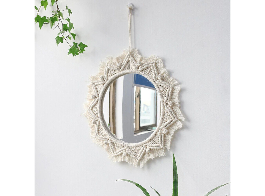 Okrúhle zrkadlo s tkaným rámom BOHO 50 cm - biele