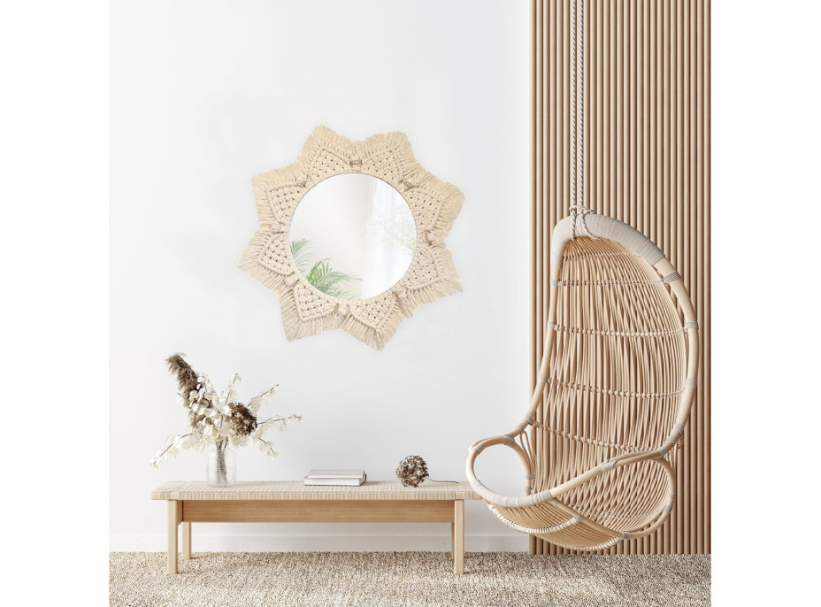 Okrúhle zrkadlo s tkaným rámom BOHO 53 cm - biele