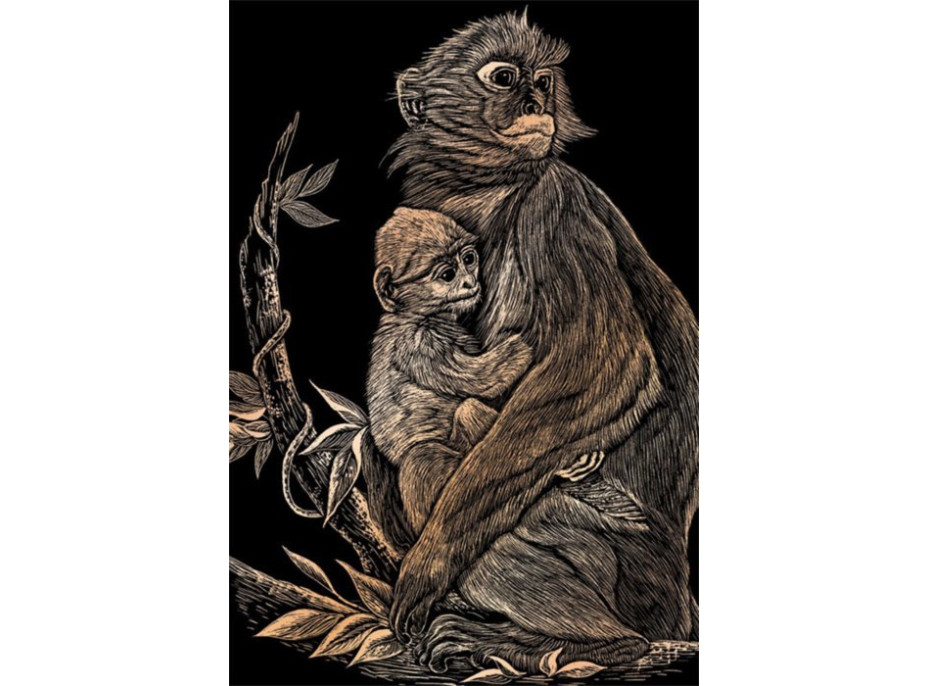 Medený škrabací obrázok Opice s mláďaťom