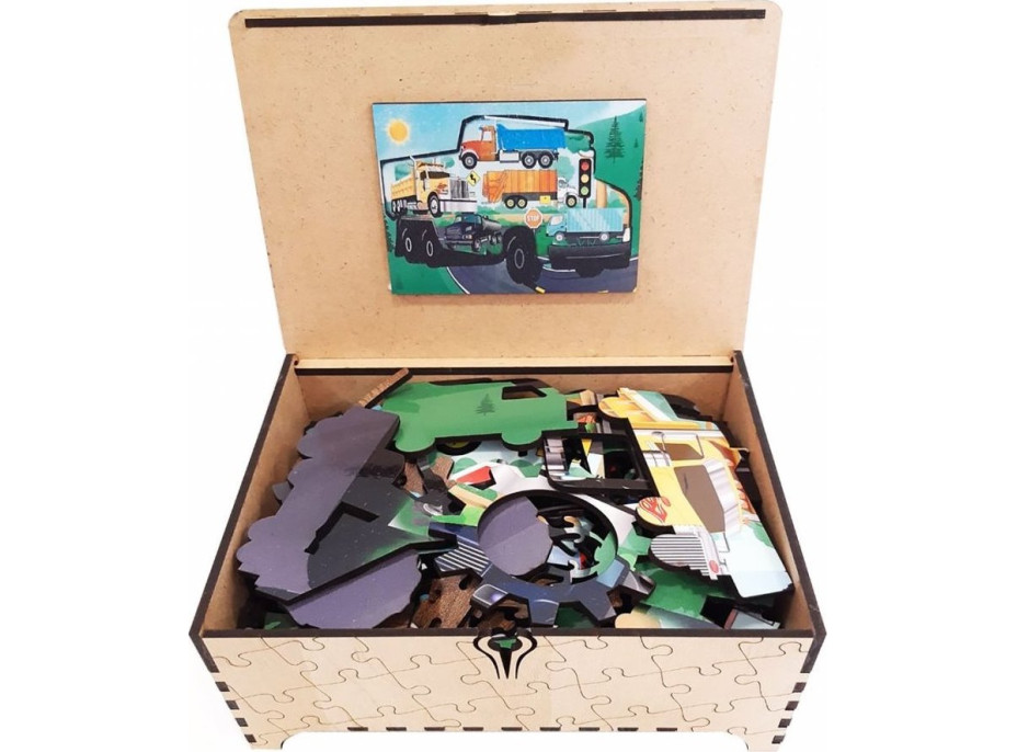 FA LIXEN Drevené puzzle Nákladné autá XL 389 dielikov v darčekovej krabičke