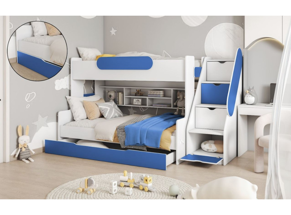 Detská poschodová posteľ s rozšíreným spodným lôžkom a šuplíkom SEGAN bielo-modrá - 200x90/120 cm