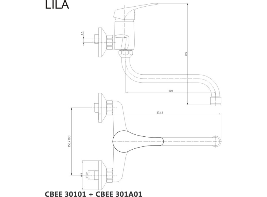 Kuchynská drezová nástenná batéria LILA - ramienko 20 cm - chrómová