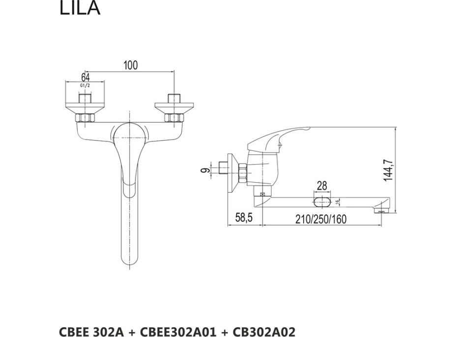 Kuchyňská dřezová nástěnná baterie LILA - ramínko 25 cm - chromová