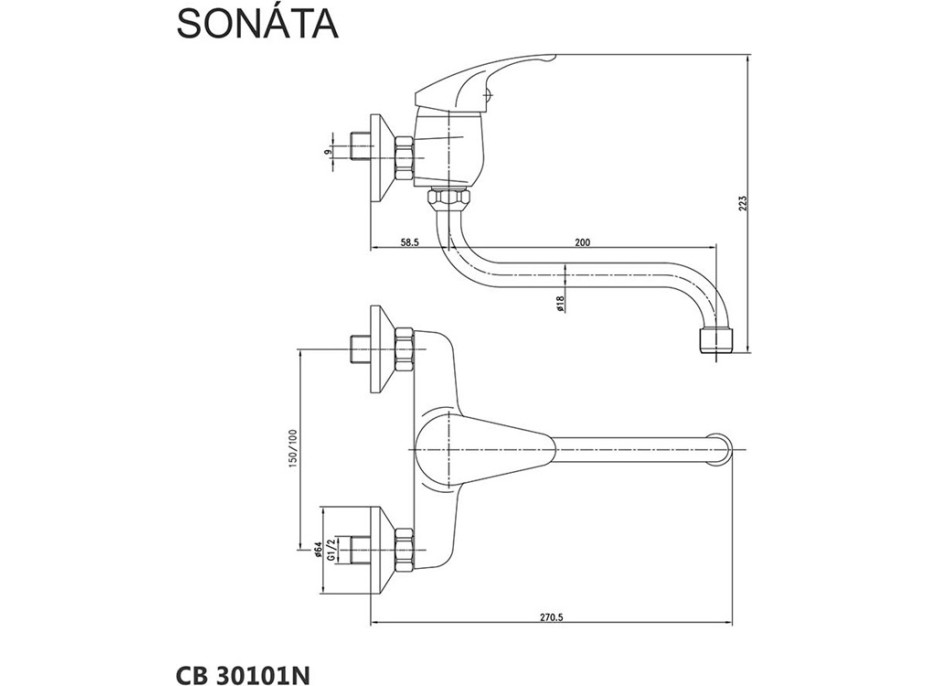 Kuchynská drezová nástenná batéria SONÁTA - ramienko 20 cm - chrómová