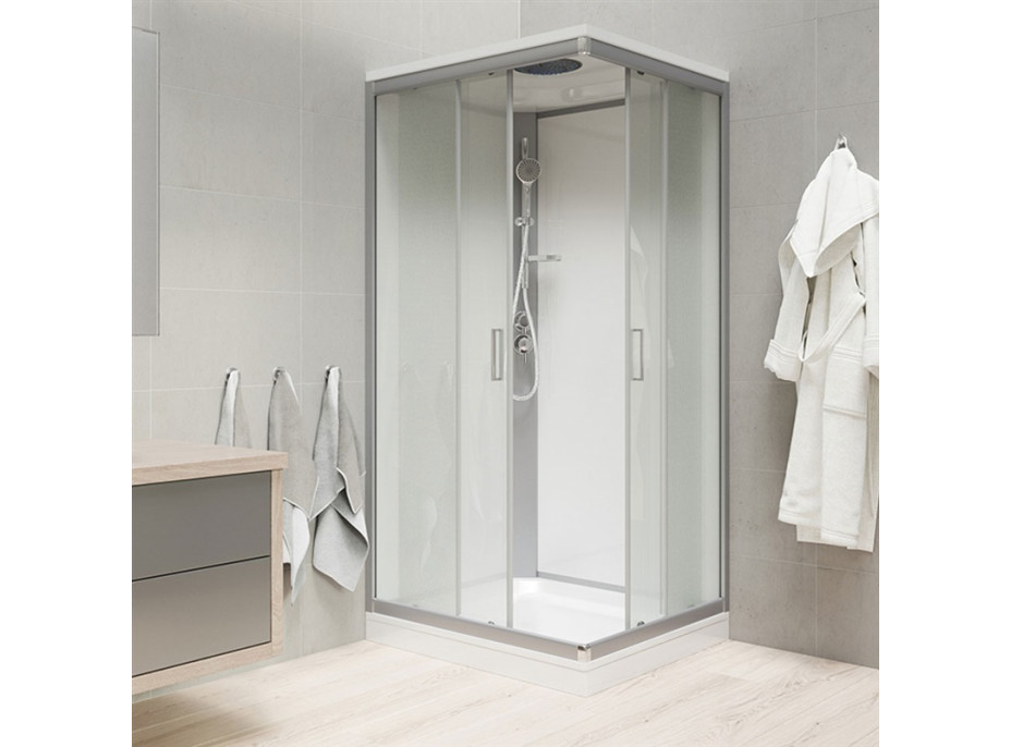 Sprchový box so strieškou - štvorec - satin ALU/sklo Point - biele steny