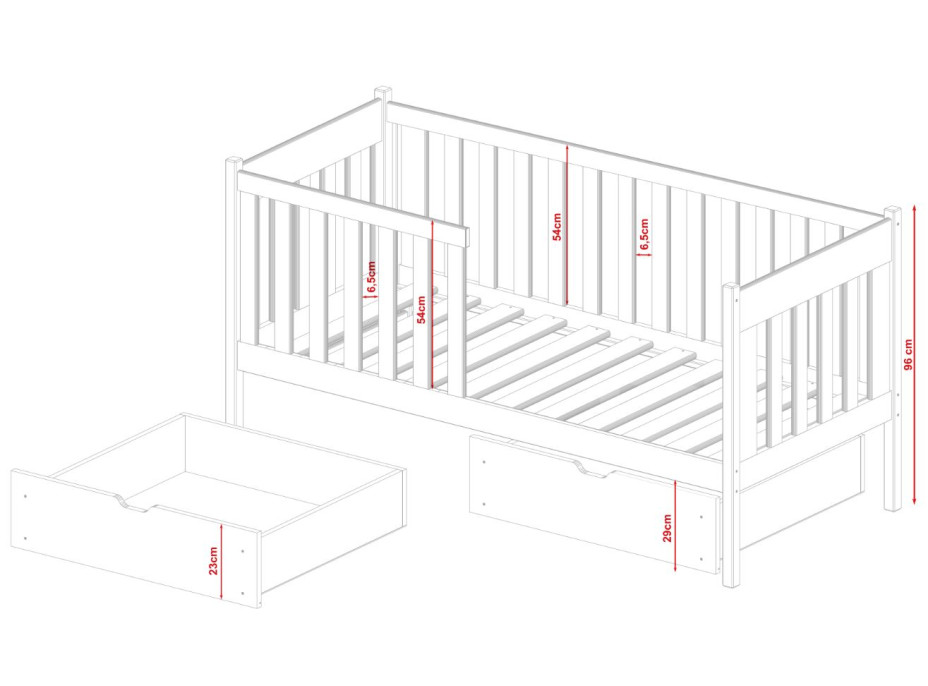 Detská posteľ z masívu borovice ALICE so šuplíkmi - 200x90 cm - BIELA
