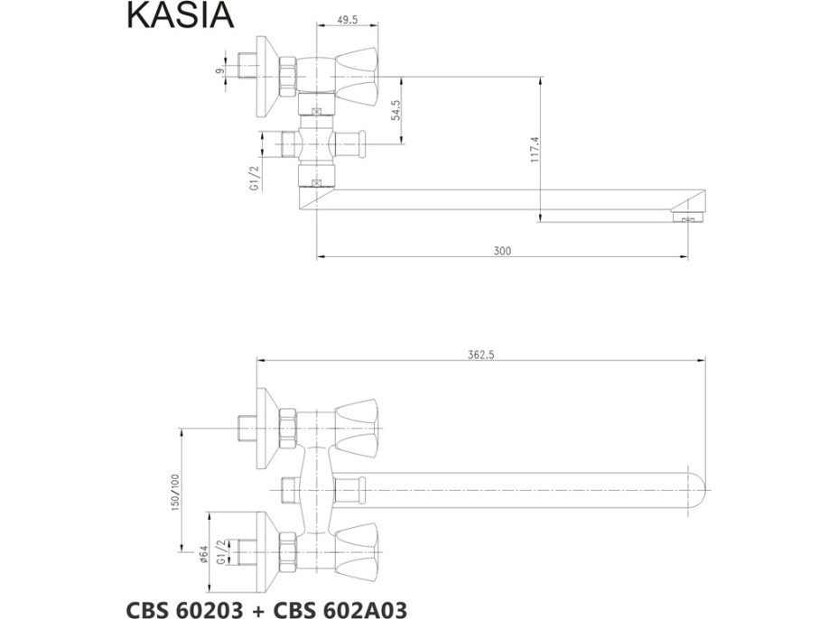 Nástenná batéria do bytového jadra KASIA - ramienko 30 cm - chrómová