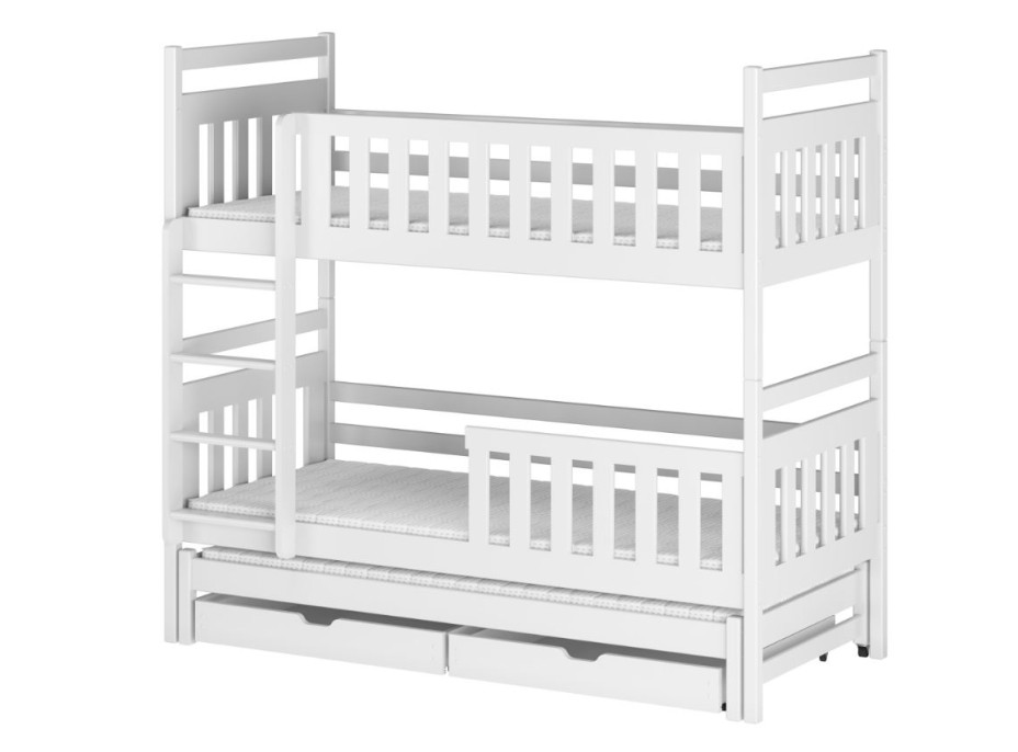 Detská poschodová posteľ z masívu borovice KLÁRA s prístelkou a šuplíkmi - 200x90 cm - BIELA