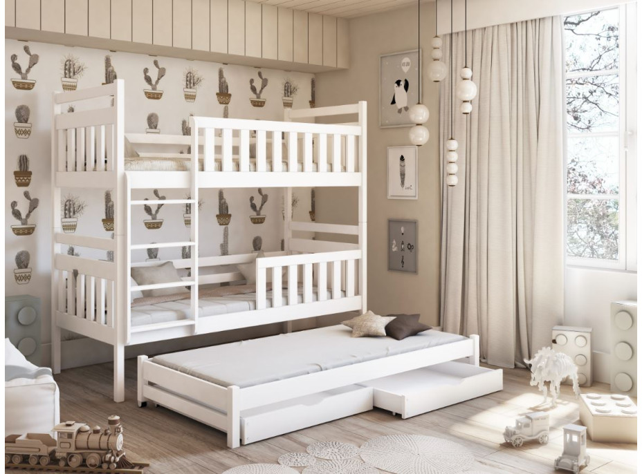 Detská poschodová posteľ z masívu borovice KLÁRA s prístelkou a šuplíkmi - 200x90 cm - BIELA